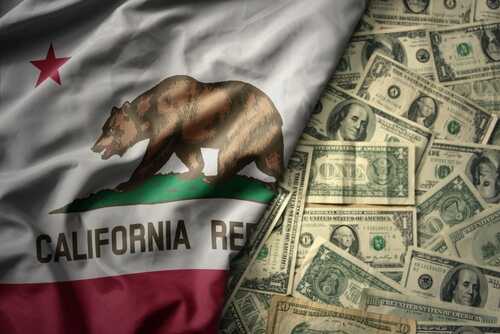 California flag with a bear overlaid on a background of dollar bills