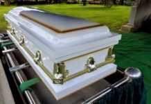 Insurance Dad’s Chilling Confession A white coffin placed on a green cloth at a cemetery