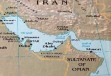 Map of the Middle East highlighting countries and bodies of water