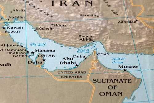 Map of the Middle East highlighting countries and bodies of water