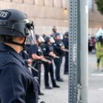 Police officers in riot gear monitoring a protest