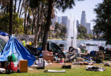 Homeless encampment in a park with a view of the Los Angeles skyline