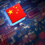 Chinese flag on a microchip over a blue circuit board