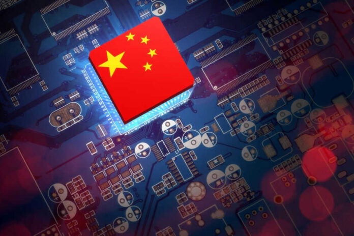 Chinese flag on a microchip over a blue circuit board