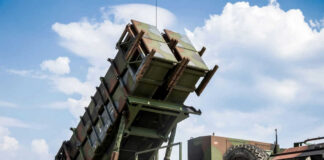 Missile launcher pointed towards the sky.