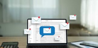 Laptop displaying email notifications with a message icon