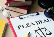 Document titled 'PLEA DEAL' with a gavel and legal books in the background