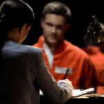 Person writing, talking to another seated across table.