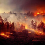 Forest fire with smoke and burning trees