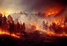 Forest fire with smoke and burning trees