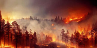 Forest fire with smoke and burning trees