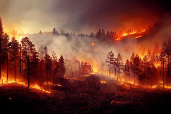 2293568861 Forest fire with smoke and burning trees