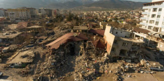 Cityscape with collapsed buildings and rubble after earthquake
