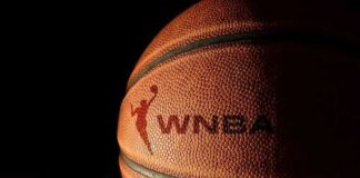 Close-up of a basketball with a logo in low light
