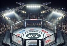 USA Chant Explodes—Upper Deck ERUPTS UFC octagon surrounded by a crowd in a sports arena