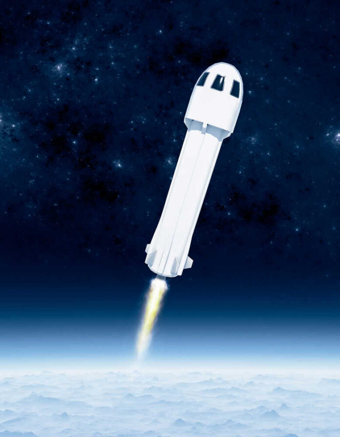 1990062158 Rocket launching into space over snowy landscape