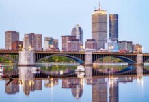 City skyline and bridge reflecting on calm water