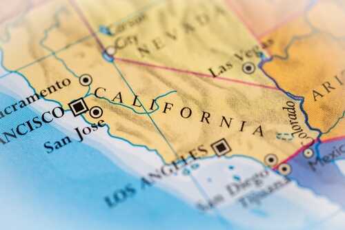Close-up of a map highlighting California and major cities