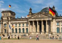 The Reichstag building in Berlin with German flags and people walking in front
