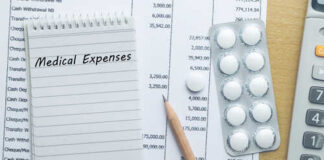 Notepad titled 'Medical Expenses' next to a calculator and medication